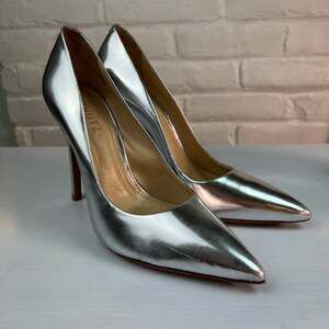 Schutz Womens 7B Silver Metallic Leather Pointed Toe Stiletto Pumps Heels